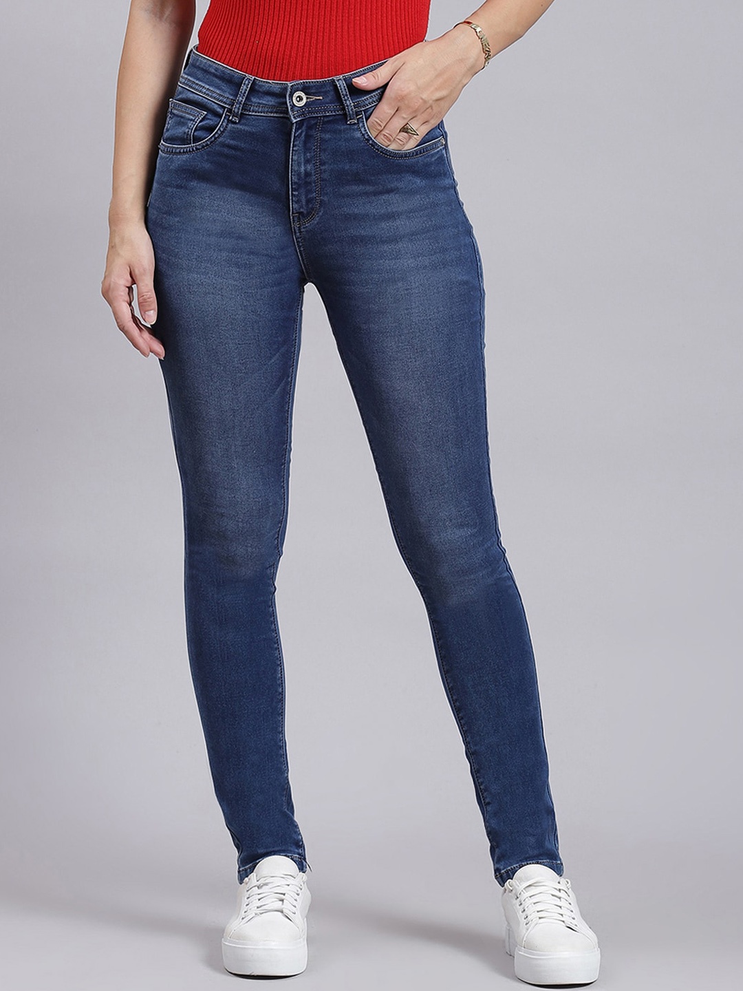 

Monte Carlo Women Smart Mid-Rise Slim Fit Heavy Fade Jeans, Navy blue