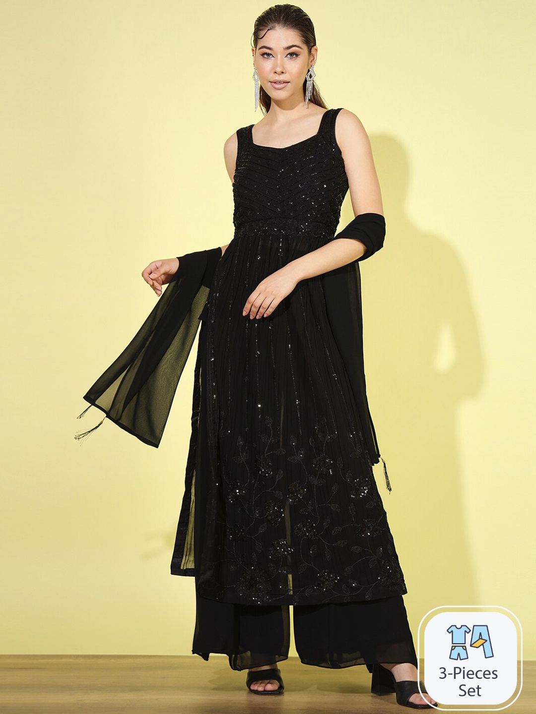 

Chhabra 555 Sequin Embellished Kurta & Palazzo With Dupatta, Black