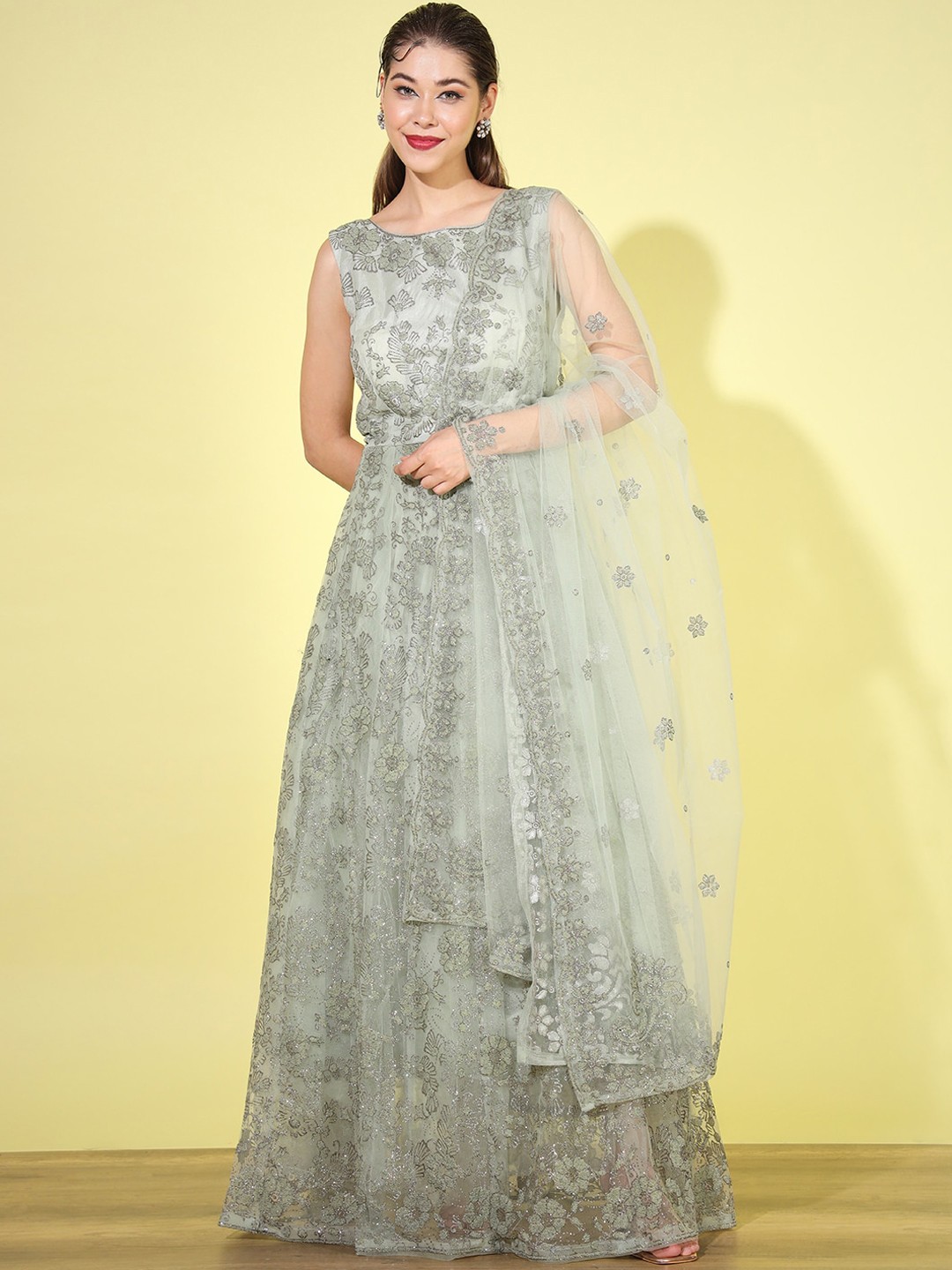 

Chhabra 555 Embellished Beads & Crystals Sleeveless Flared Maxi Ethnic Dresses, Olive