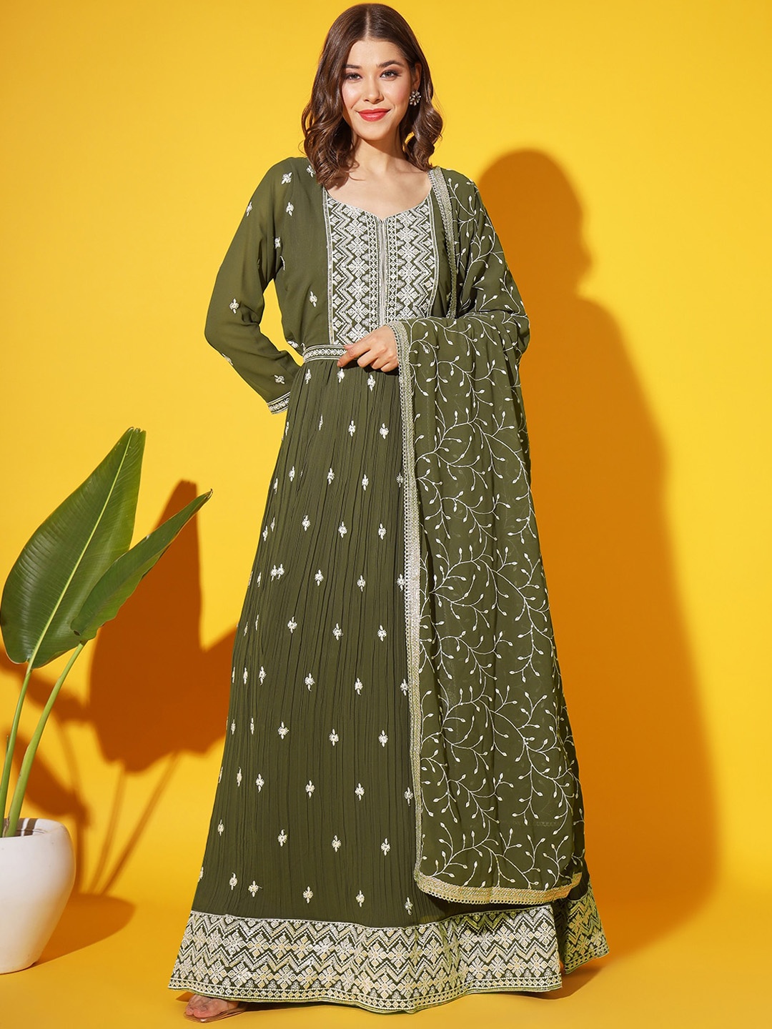 

Chhabra 555 Ethnic Motifs Embroidered Maxi Ethnic Dresses With Dupatta, Green