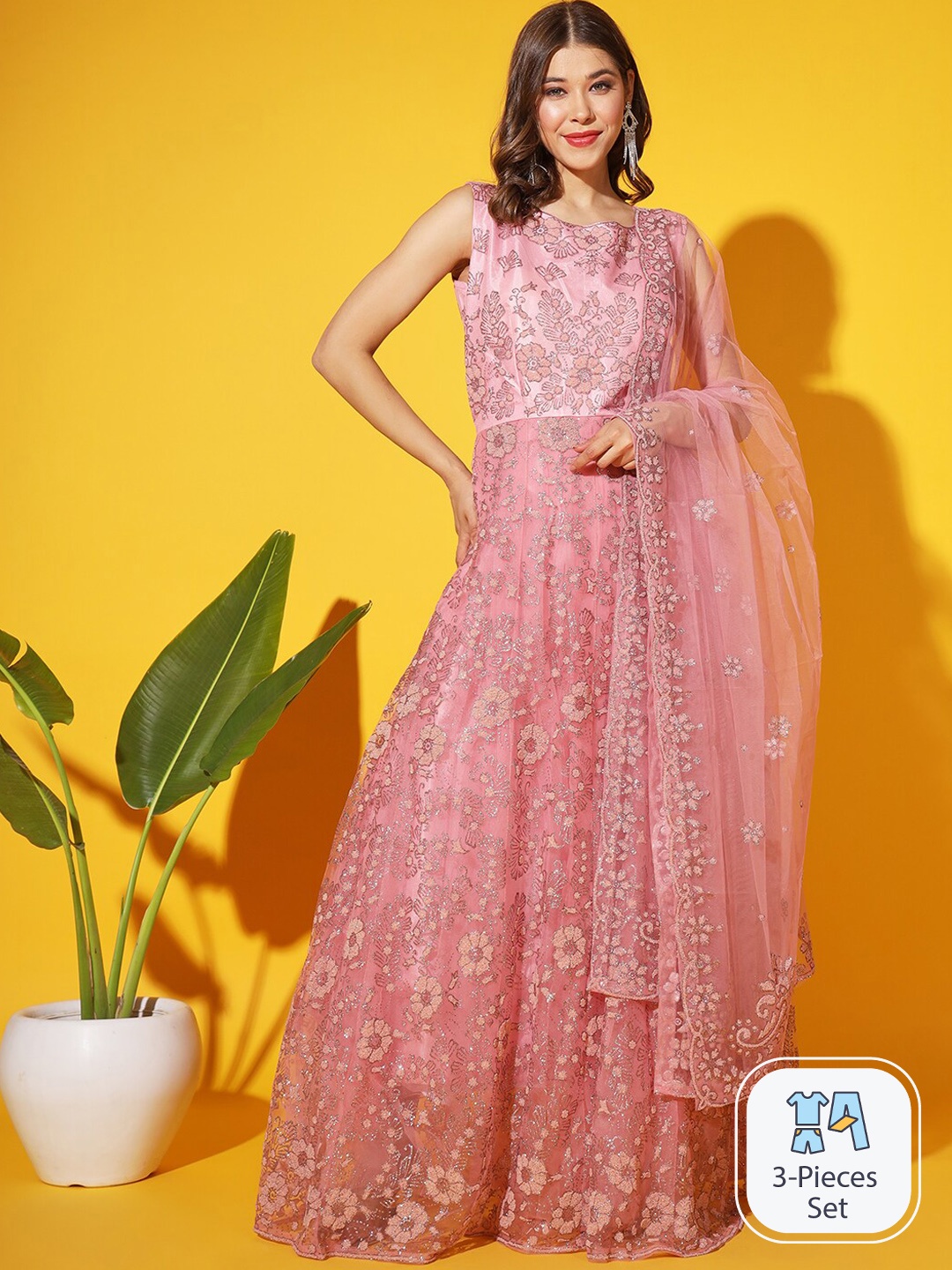 

Chhabra 555 Embellished Maxi Ethnic Dresses With Dupatta, Pink