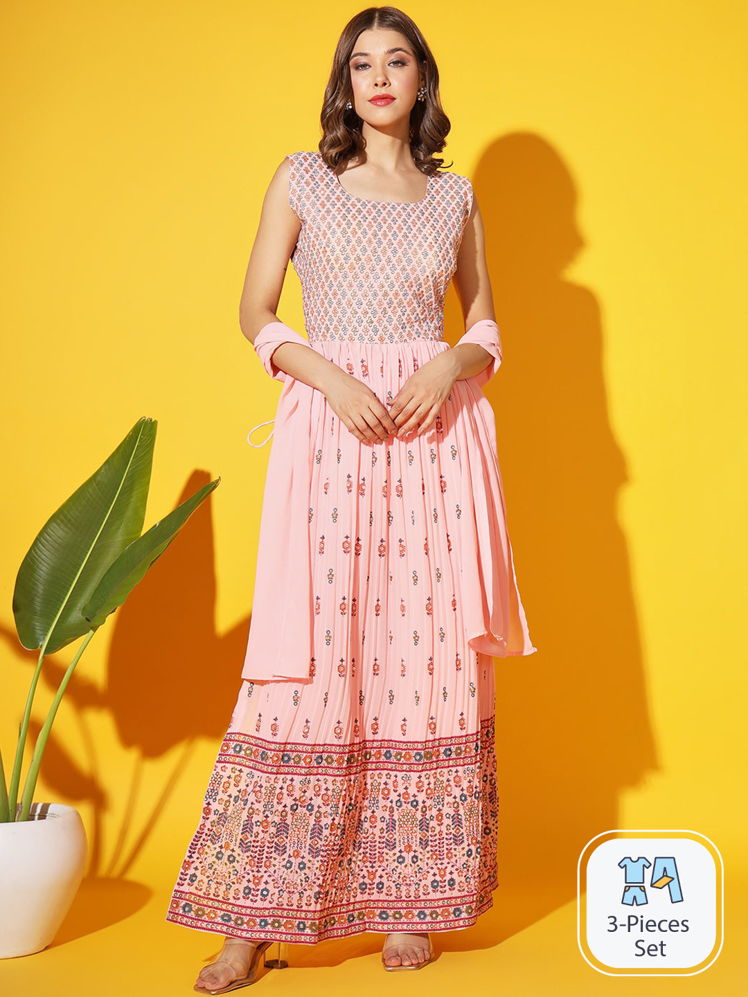 

Chhabra 555 Floral Printed Thread Work High Slit A-Line Kurta With Palazzo & Dupatta, Coral