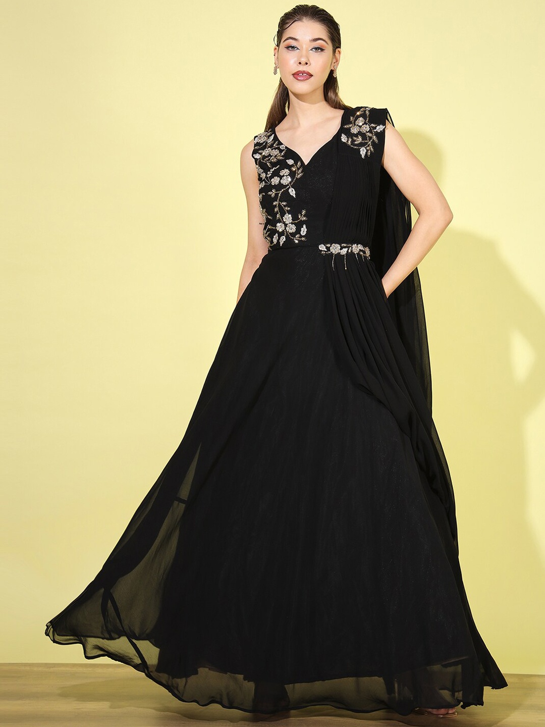 

Chhabra 555 Zircon Embellished Maxi Ethnic Dresses With Dupatta, Black