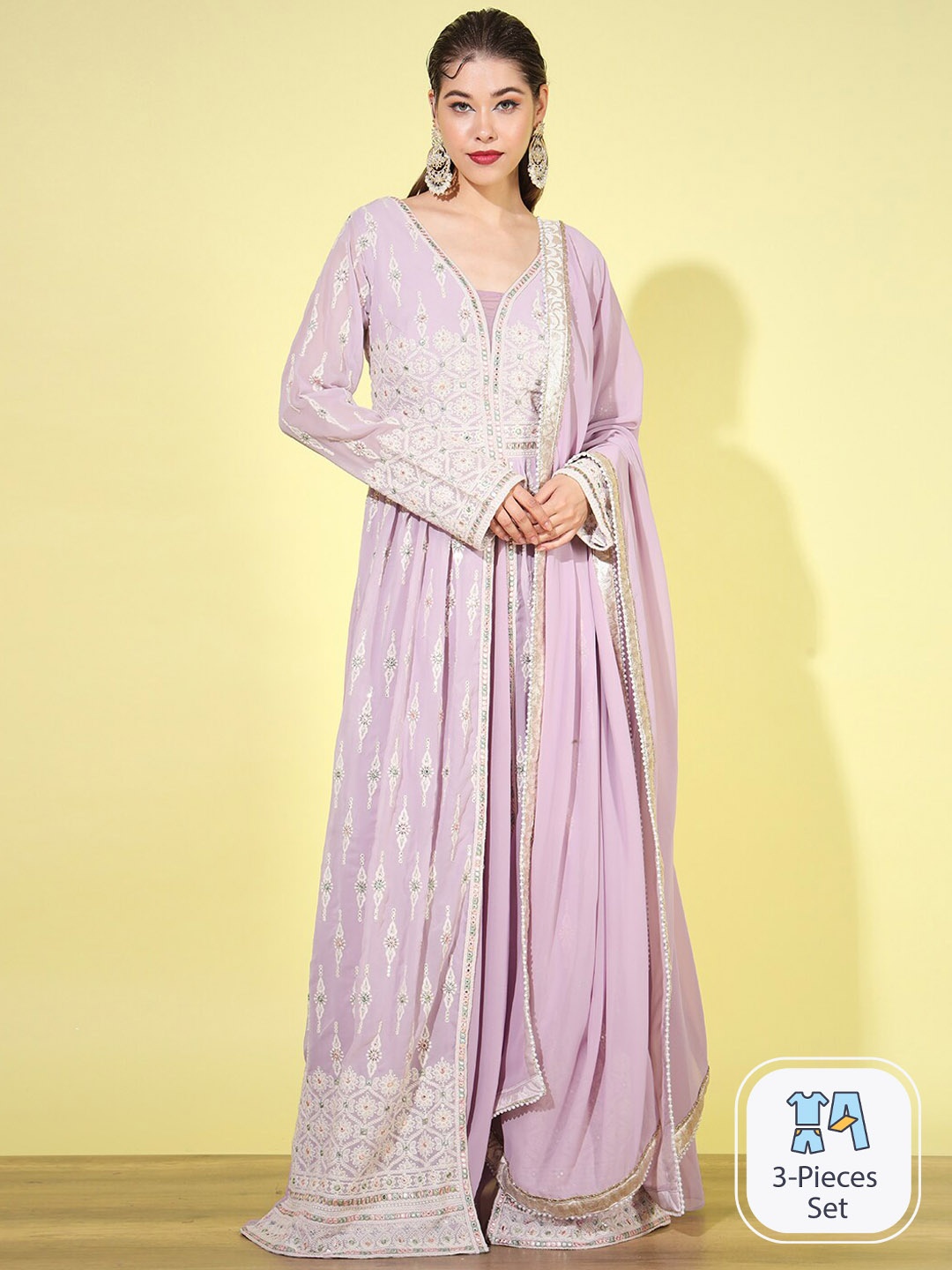 

Chhabra 555 Ethnic Motifs Embroidered Maxi Length Ethnic Dress, Lavender