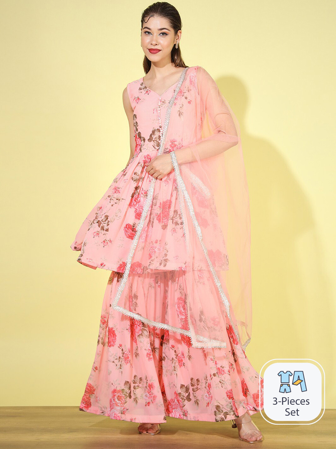 

Chhabra 555 Floral Printed A-Line Kurta With Sharara & Dupatta, Pink