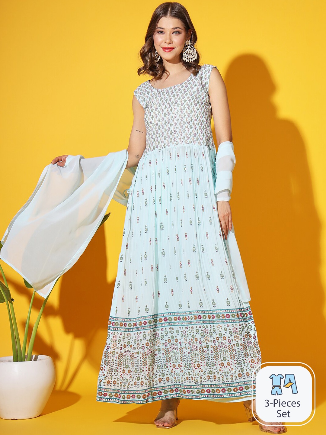 

Chhabra 555 Ethnic Motifs Printed Kurta With Palazzo & Dupatta, Turquoise blue