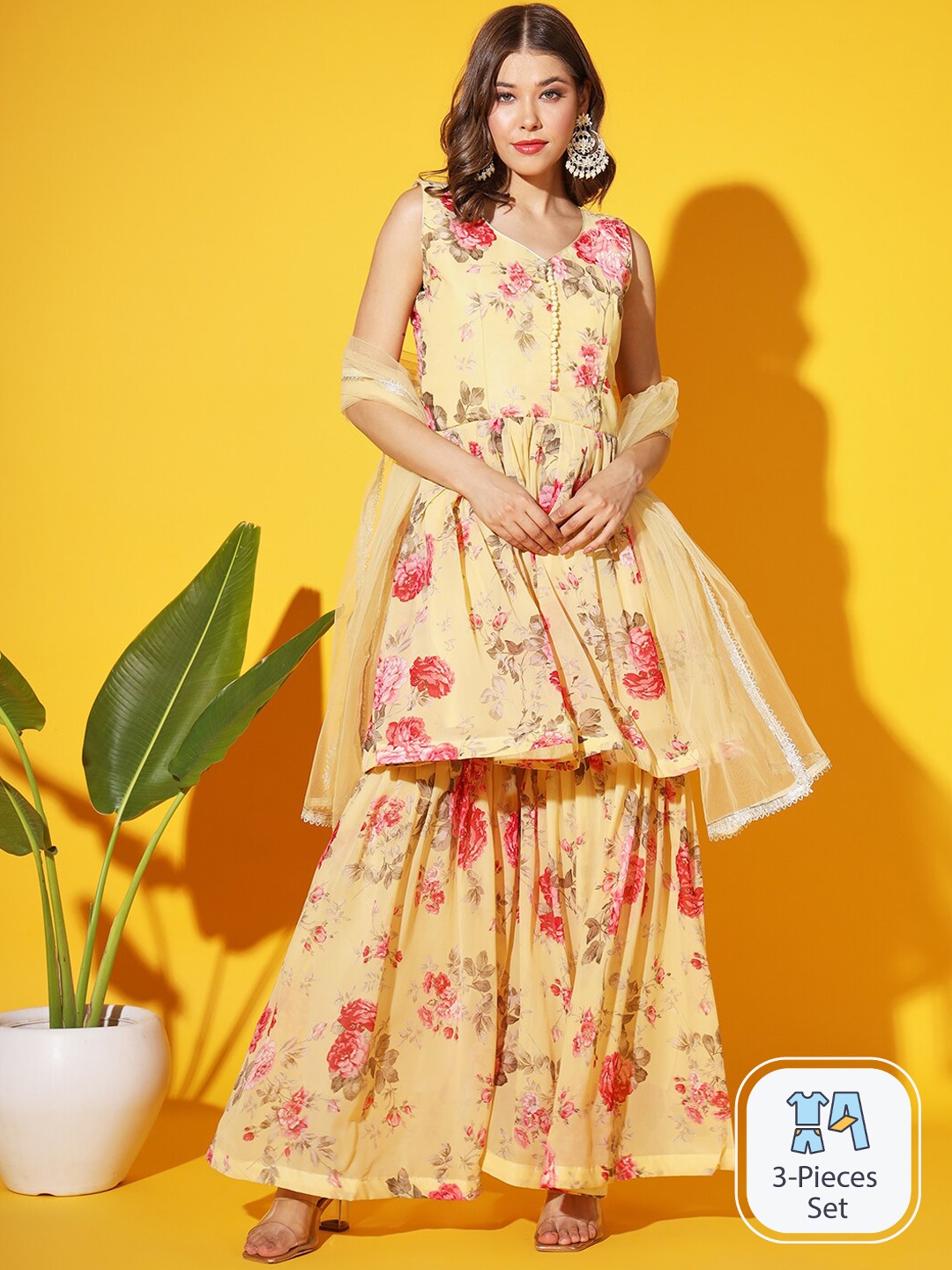 

Chhabra 555 Floral Printed A-Line Kurta With Sharara & Dupatta, Yellow