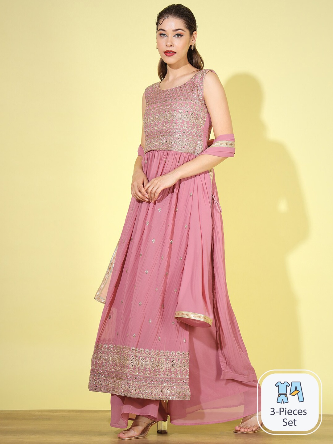 

Chhabra 555 Ethnic Motif Embroidered A-Line Kurta & Palazzo with Dupatta Sets, Pink