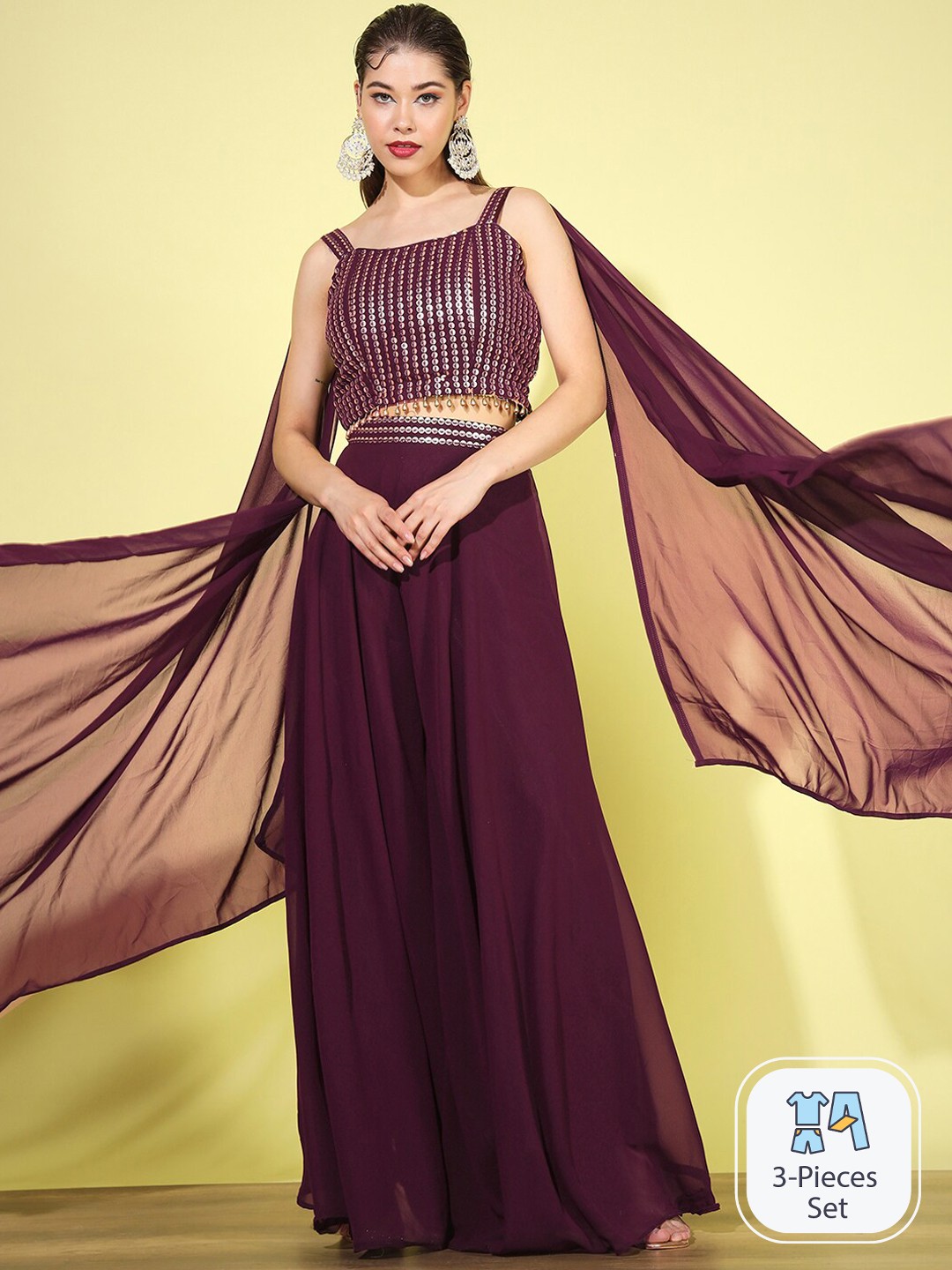 

Chhabra 555 Cape Sleeves Embellished Ethnic Top With Palazzos, Purple