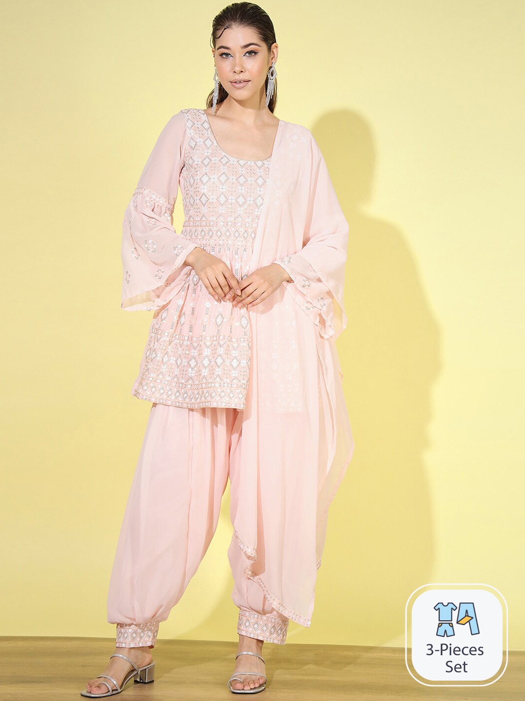 

Chhabra 555 Ethnic Motif Embroidered Thread Work A-Line Kurta With Salwar & Dupatta, Pink