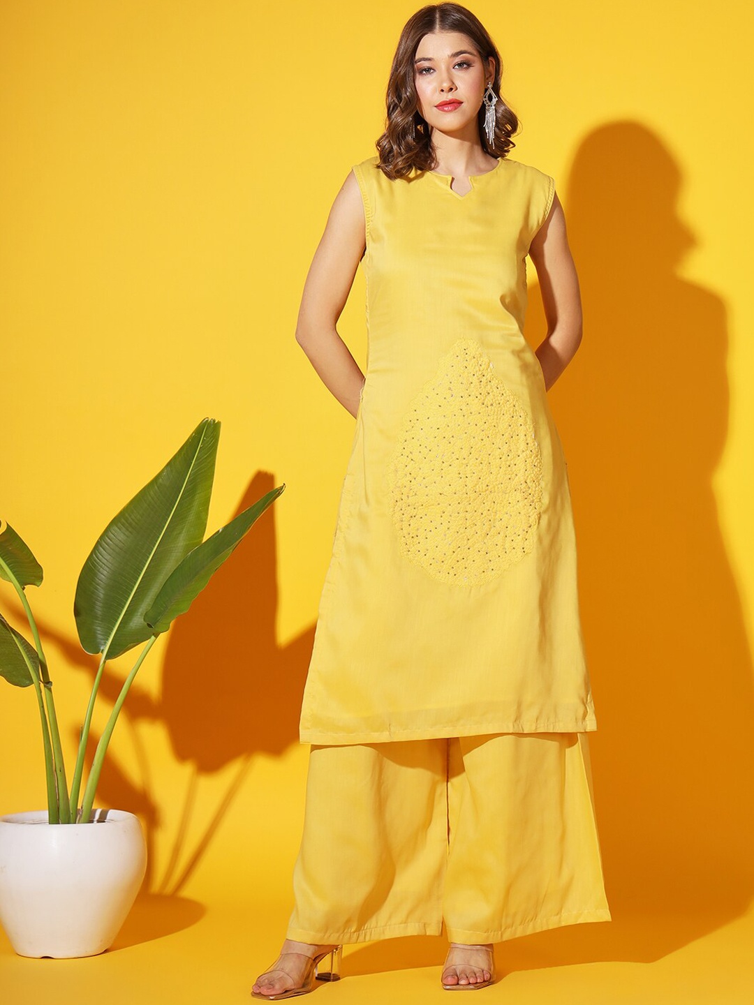 

Chhabra 555 Embroidered Kurta With Palazzo & Printed Jacket, Yellow