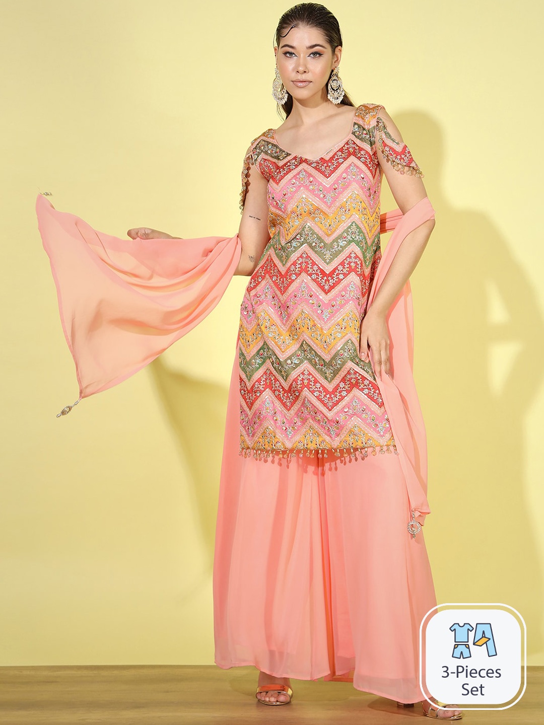 

Chhabra 555 Ethnic Motif Embroidered Thread Work Kurta & Palazzo With Dupatta, Peach