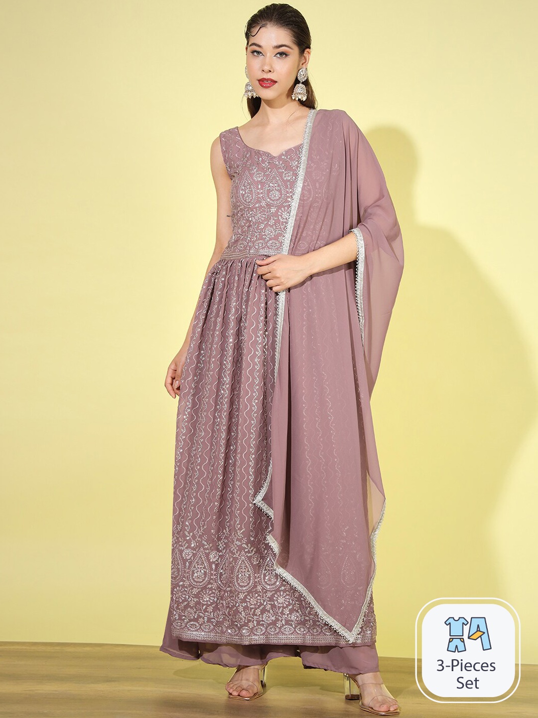 

Chhabra 555 Ethnic Motifs Embroidered Sequinned Kurta With Palazzo & Dupatta, Mauve