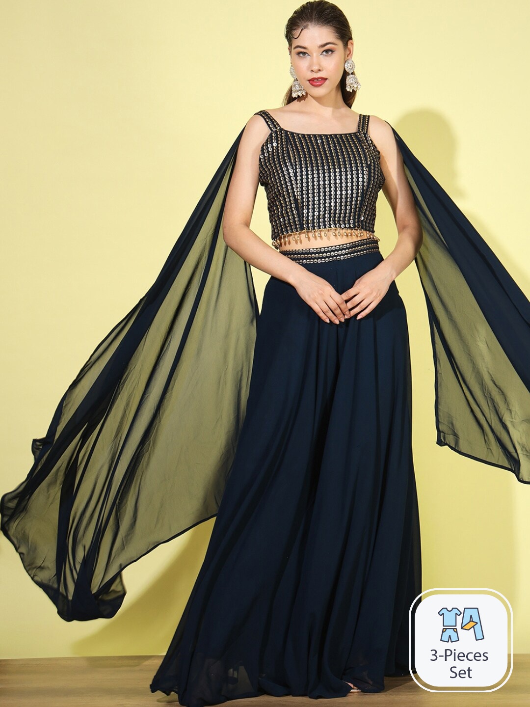 

Chhabra 555 Cape Sleeves Embellished Ethnic Top With Palazzos, Navy blue