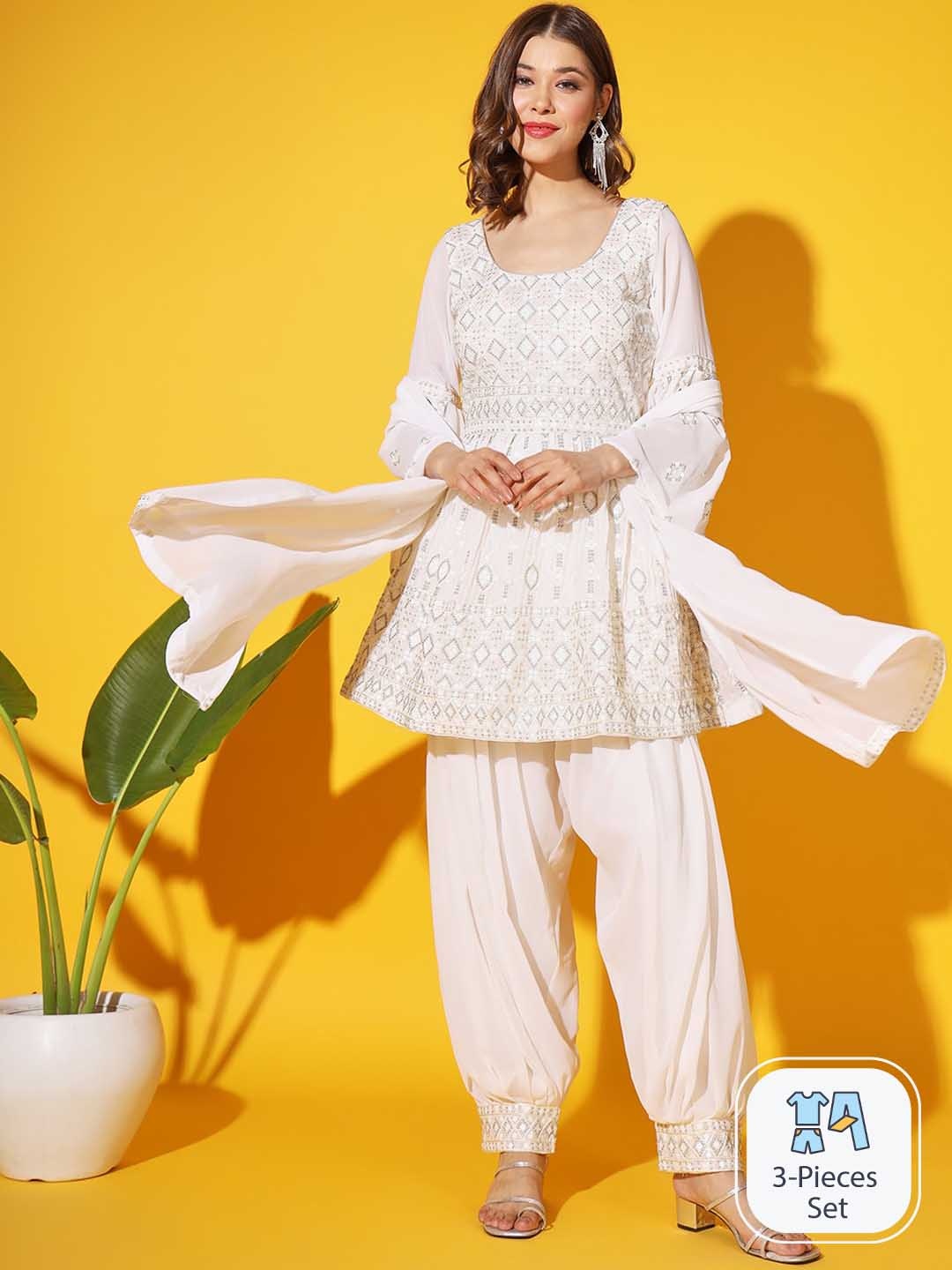 

Chhabra 555 Ethnic Motifs Embroidered A-Line Kurta With Afghan Salwar & Dupatta, Off white