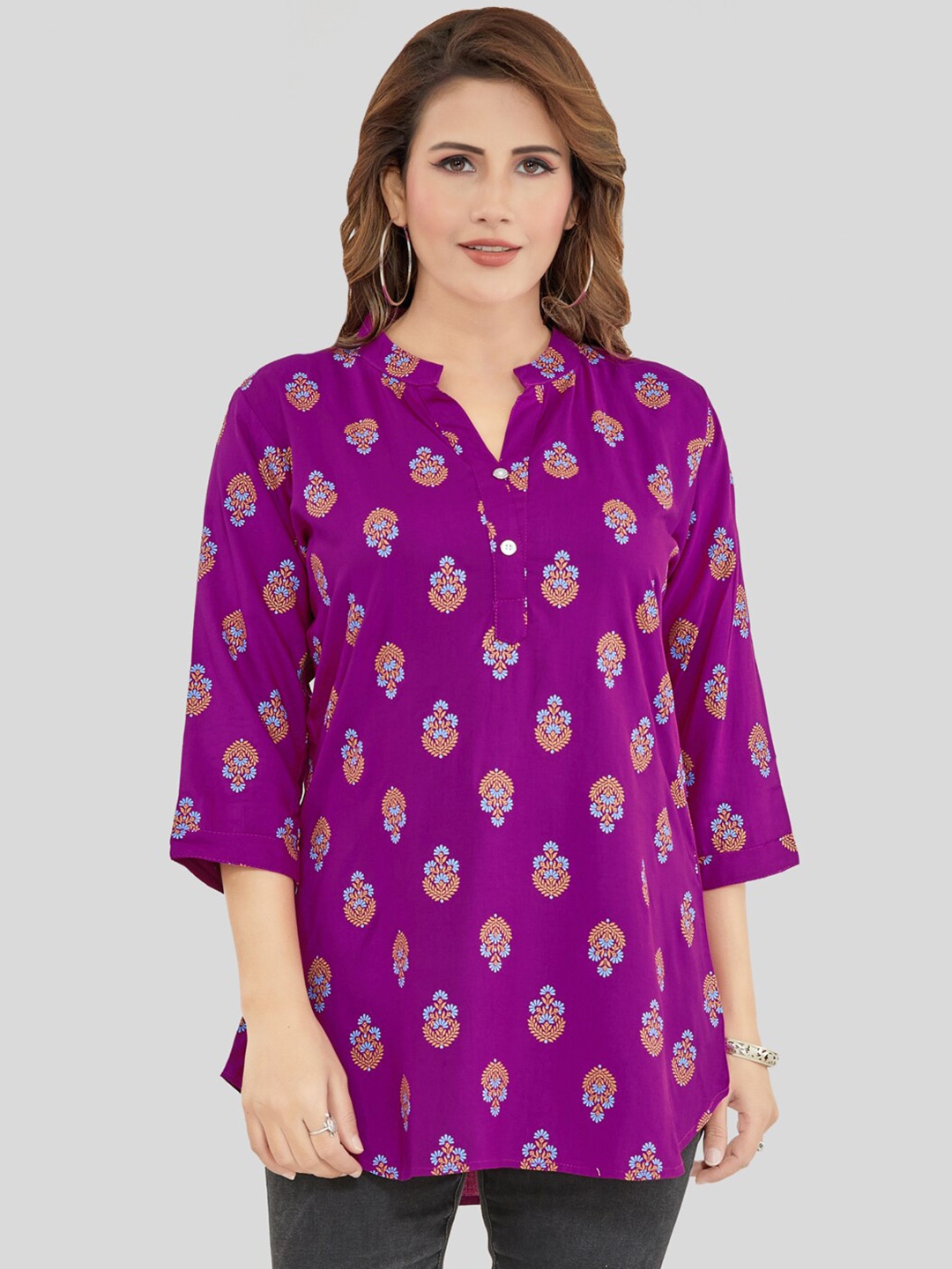 

Saree Swarg Ethnic Motifs Printed Mandarin Collar Kurti, Purple