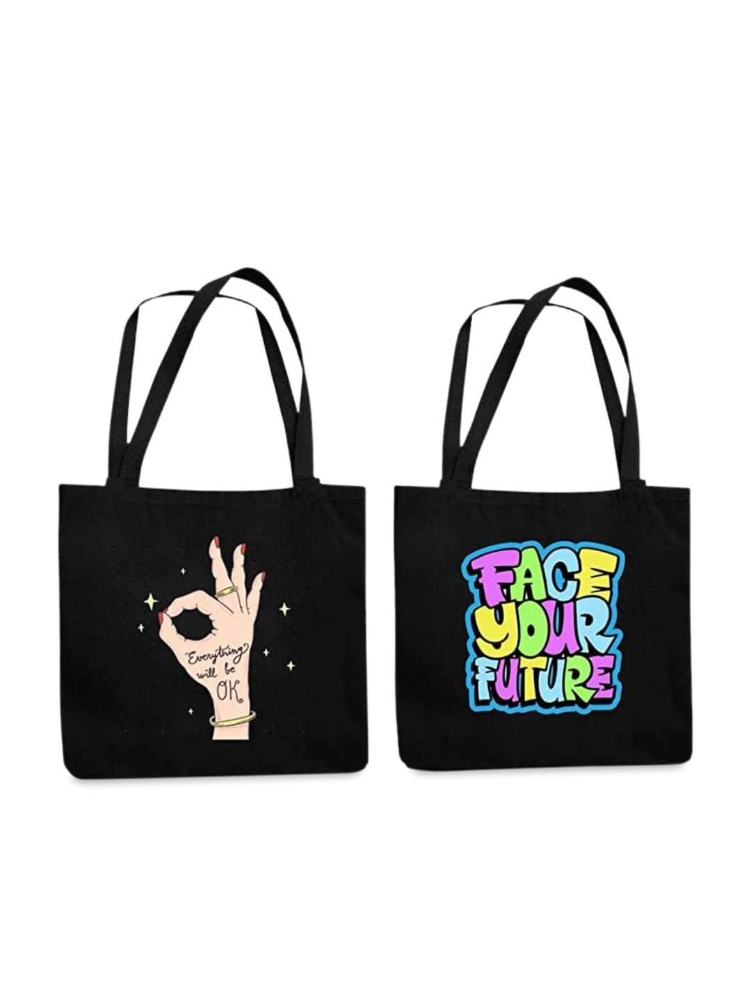 

THEYAYACAFE Pack Of 2 Graphic Printed Structured Tote Bag, Black