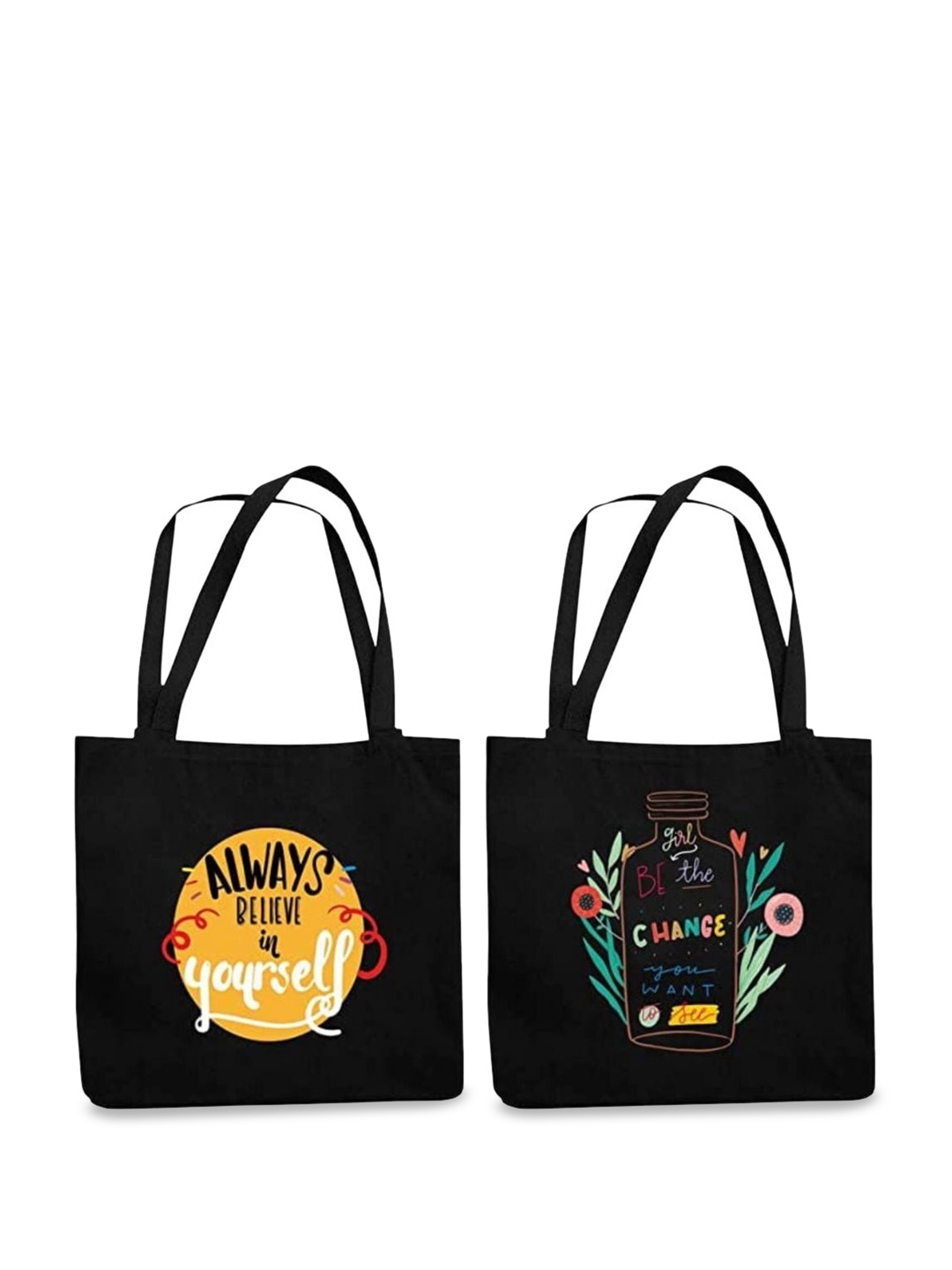 

THEYAYACAFE Set Of 2 Typography Printed Shopper Tote Bag, Black