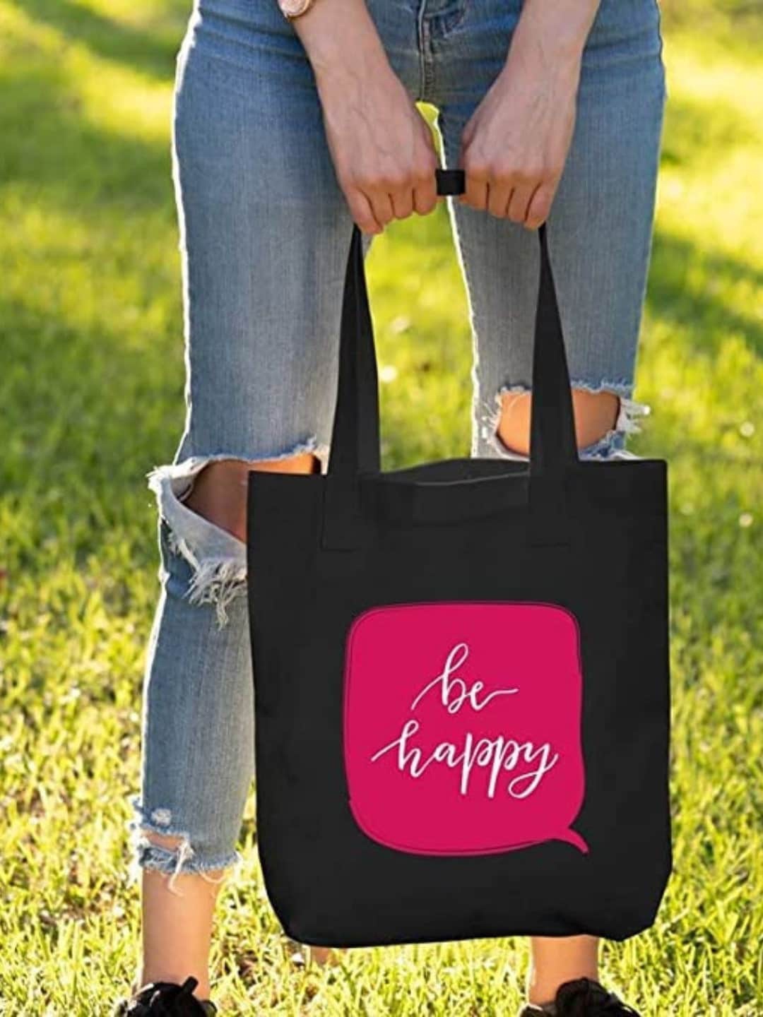 

THEYAYACAFE Typography Printed Structured Tote Bag, Black