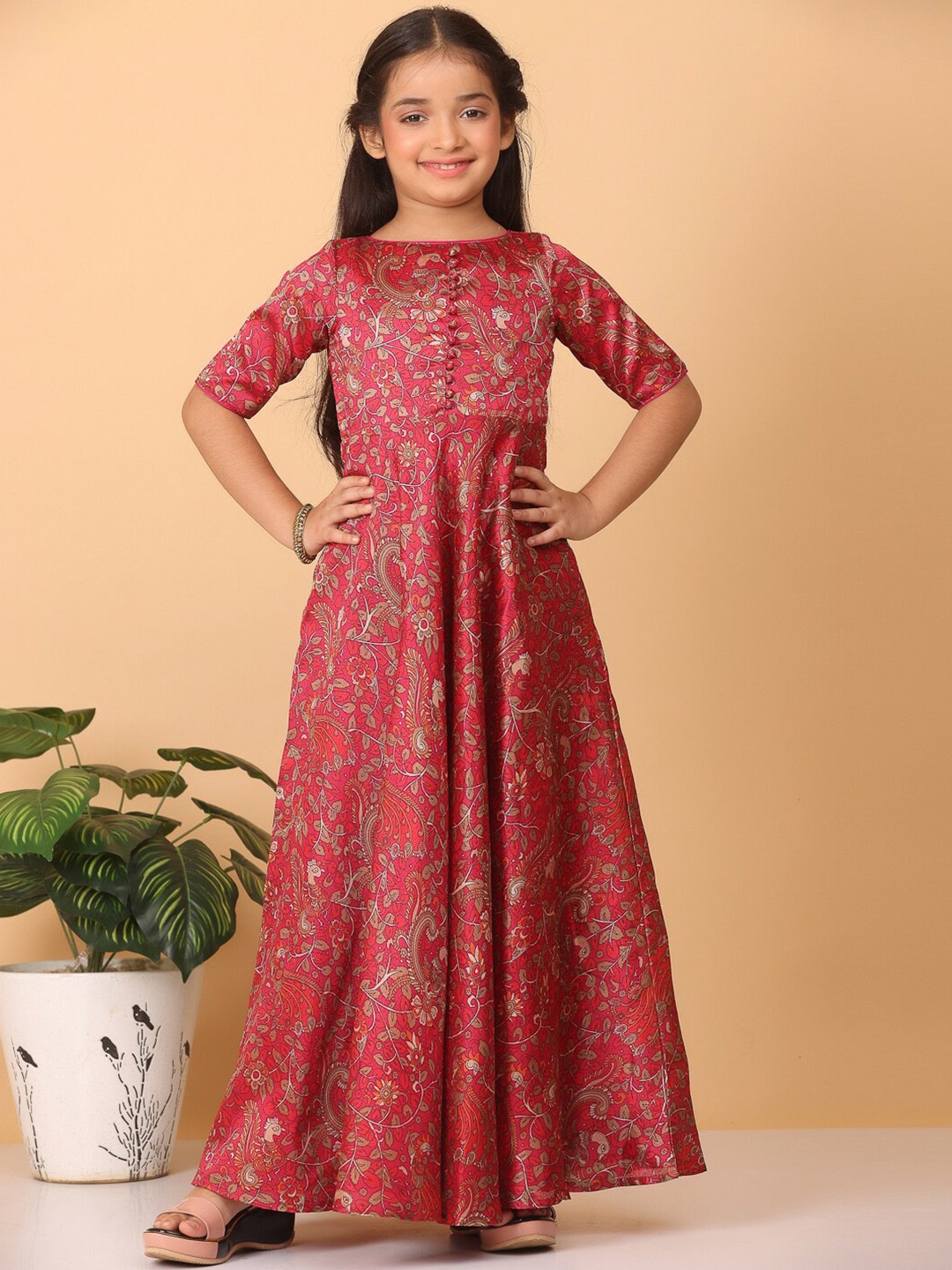 

Ethnovog Girls Ethnic Motifs Printed Round Neck Gathered Silk Maxi Dress, Pink