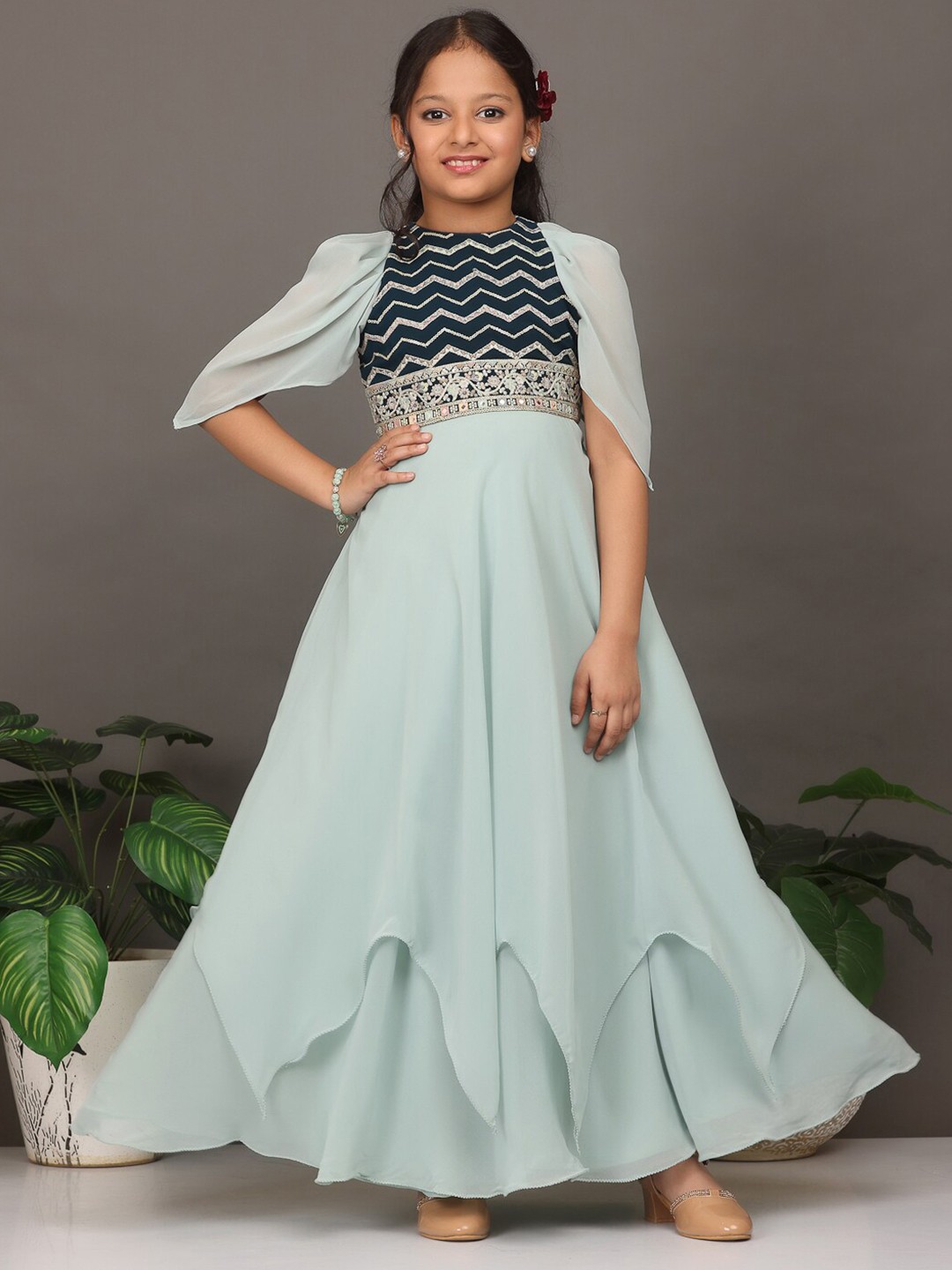 

Ethnovog Chevron Embroidered Sequinned Puff Sleeves Georgette Maxi Dress, Green