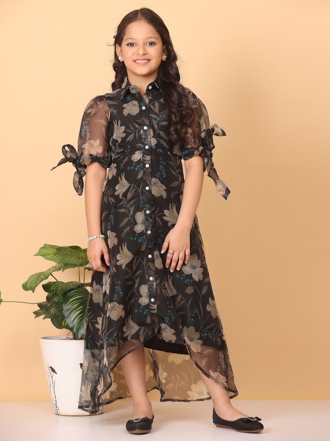 

Ethnovog Girls Floral Printed Puff Sleeves High-Low Shirt Midi Dress, Black