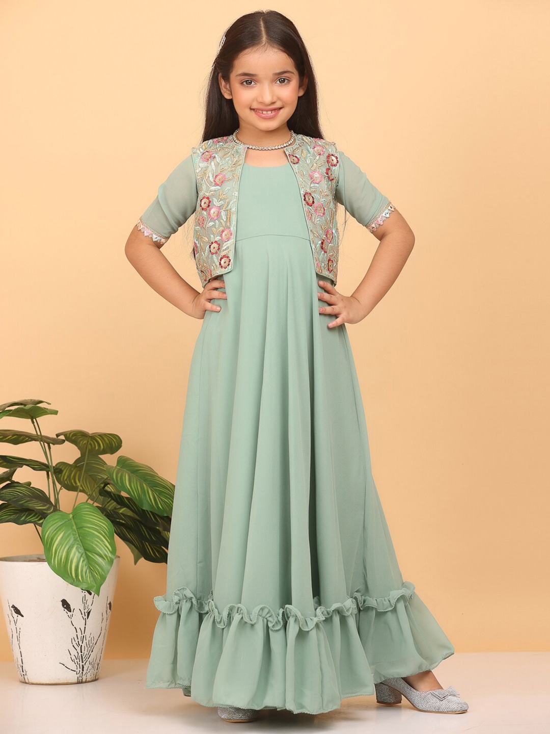 

Ethnovog Girls Sequinned Georgette Maxi Dress, Green