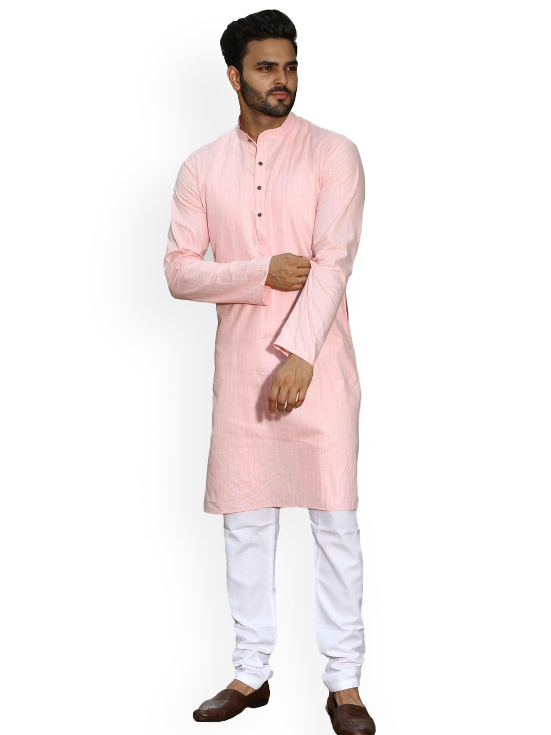 

Authentics Men Pink Striped Regular Pure Cotton Kurta with Trousers