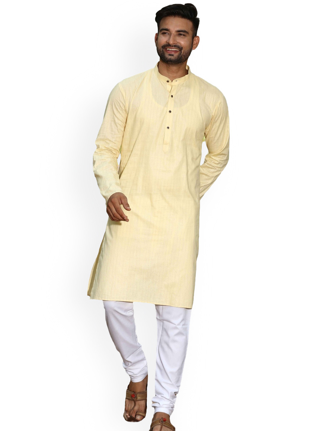 

Authentics Men Yellow Striped Regular Pure Cotton Kurta with Trousers