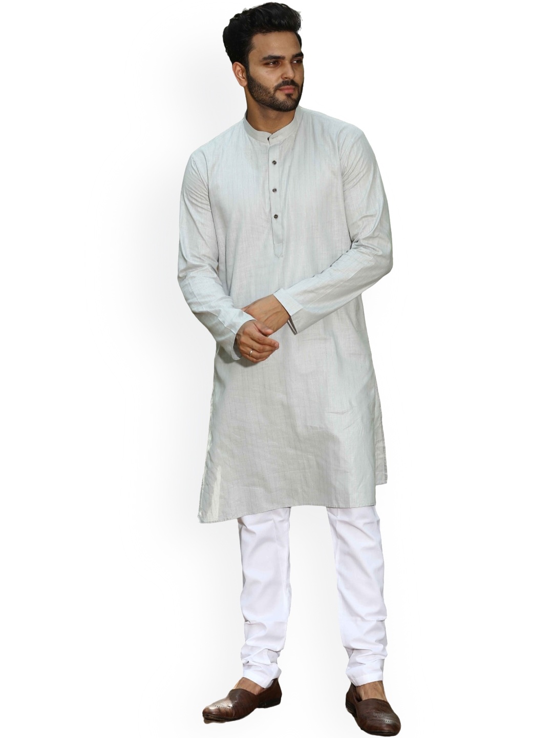 

Authentics Men Grey Striped Regular Pure Cotton Kurta with Trousers