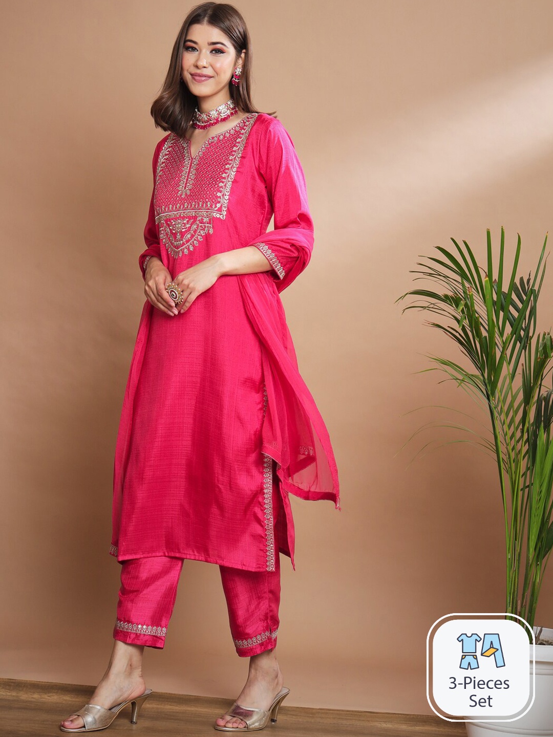 

PPTOSS Ethnic Motifs Embroidered Regular Kurta With Trousers & With Dupatta, Pink
