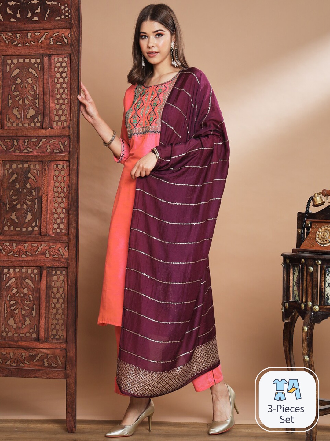 

PPTOSS Ethnic Motifs Embroidered Regular Kurta With Trousers & With Dupatta, Peach