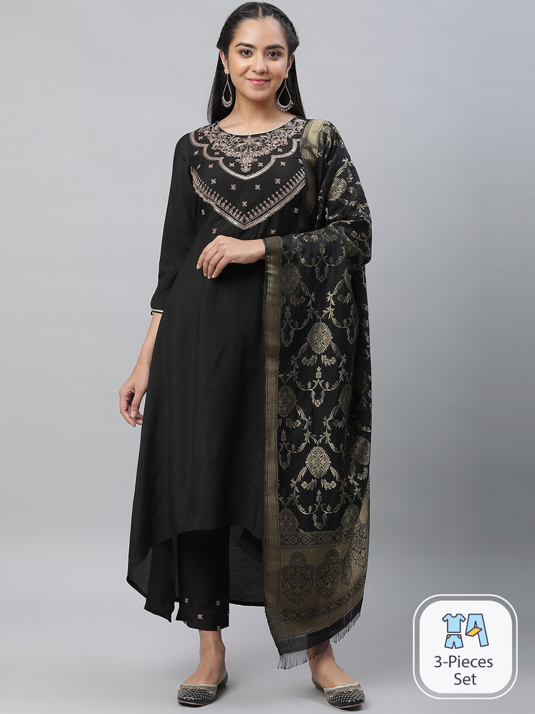 

AURELIA Ethnic Motifs Embroidered Regular Kurta With Trousers & Dupatta, Black