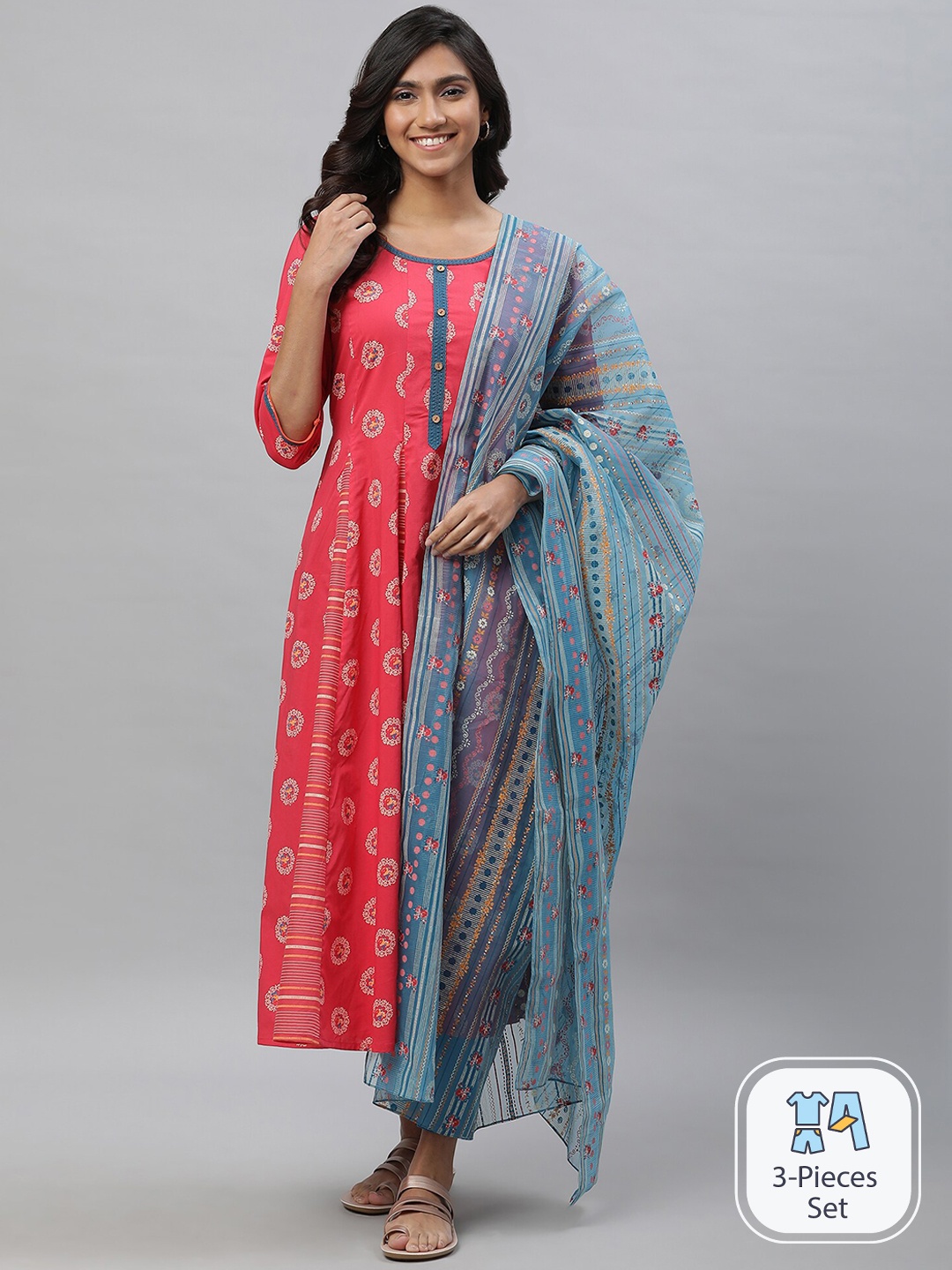 

AURELIA Ethnic Motifs Printed Regular Pure Cotton Kurta With Leggings & Dupatta, Red