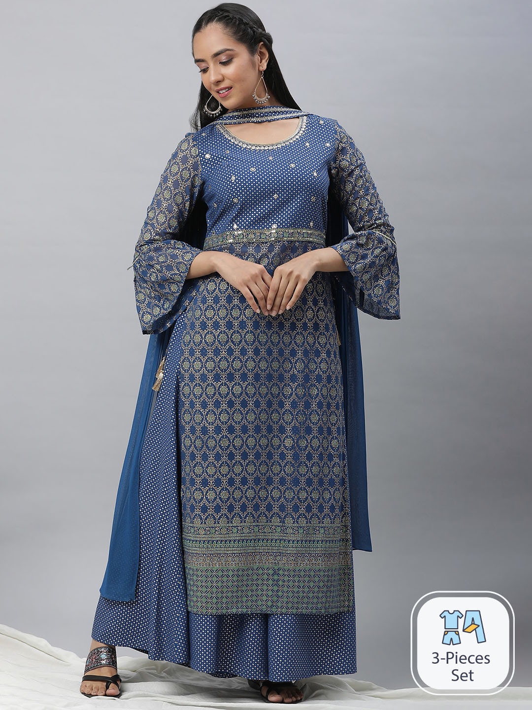 

AURELIA Ethnic Motifs Printed Regular Sequinned Kurta With Palazzos & Dupatta, Blue