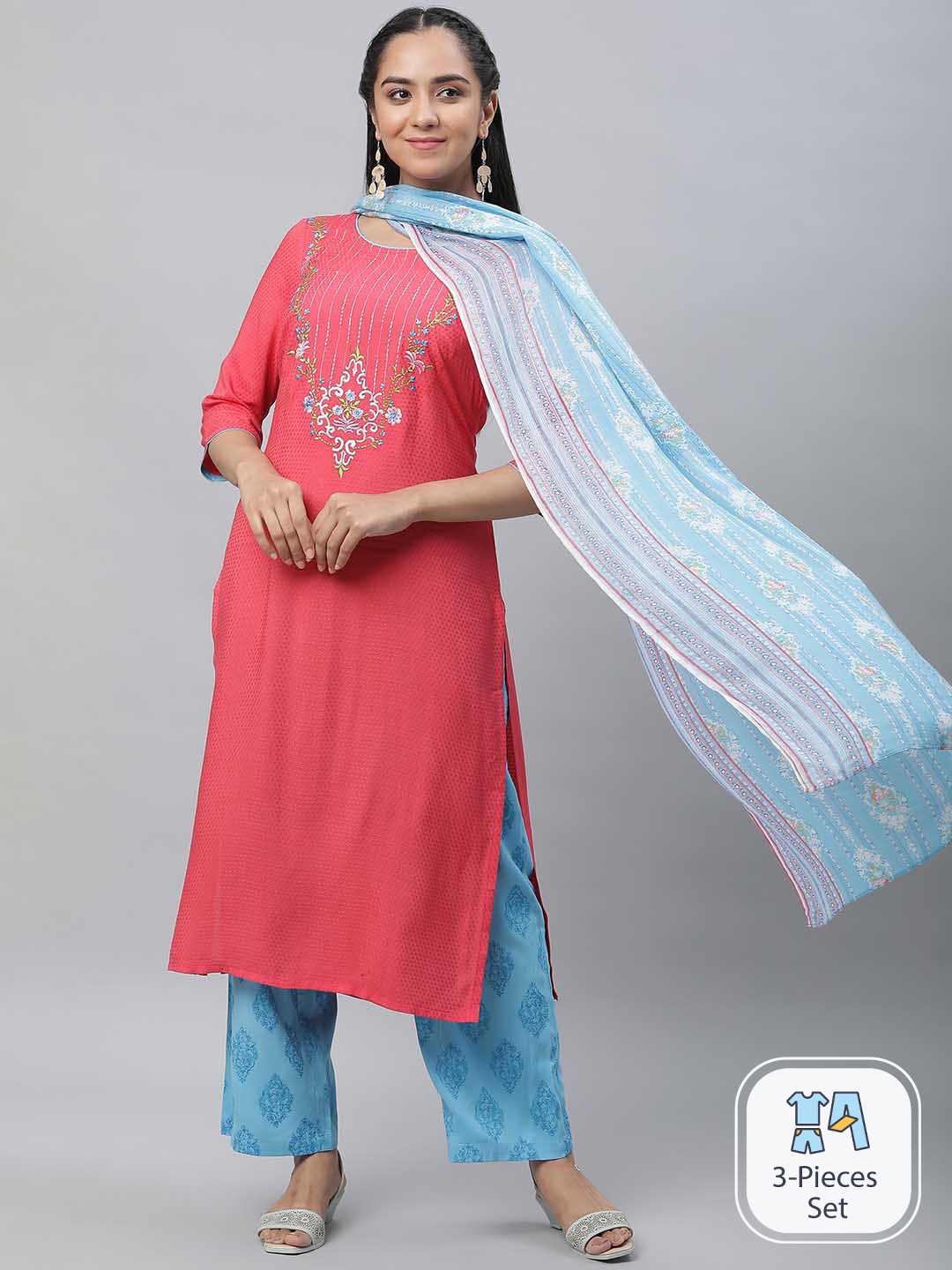 

AURELIA Floral Yoke Design Regular Thread Work Kurta With Trousers & Dupatta, Pink