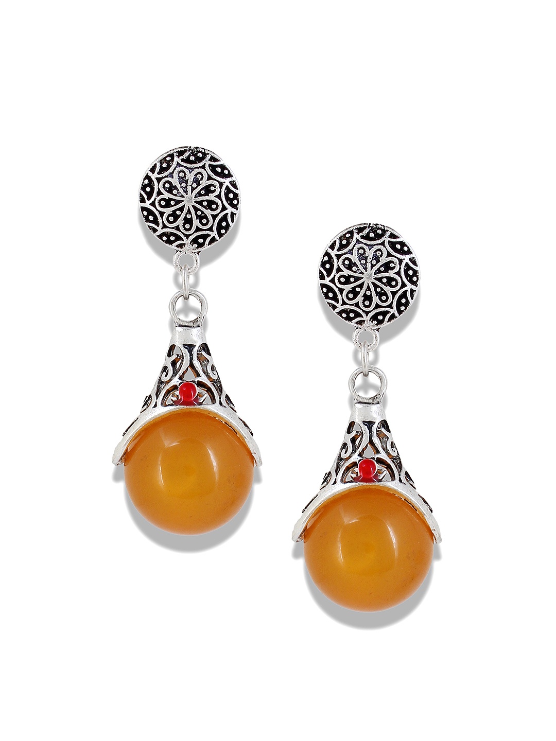 

Mali Fionna Silver-Toned & Mustard Yellow Circular Drop Earrings