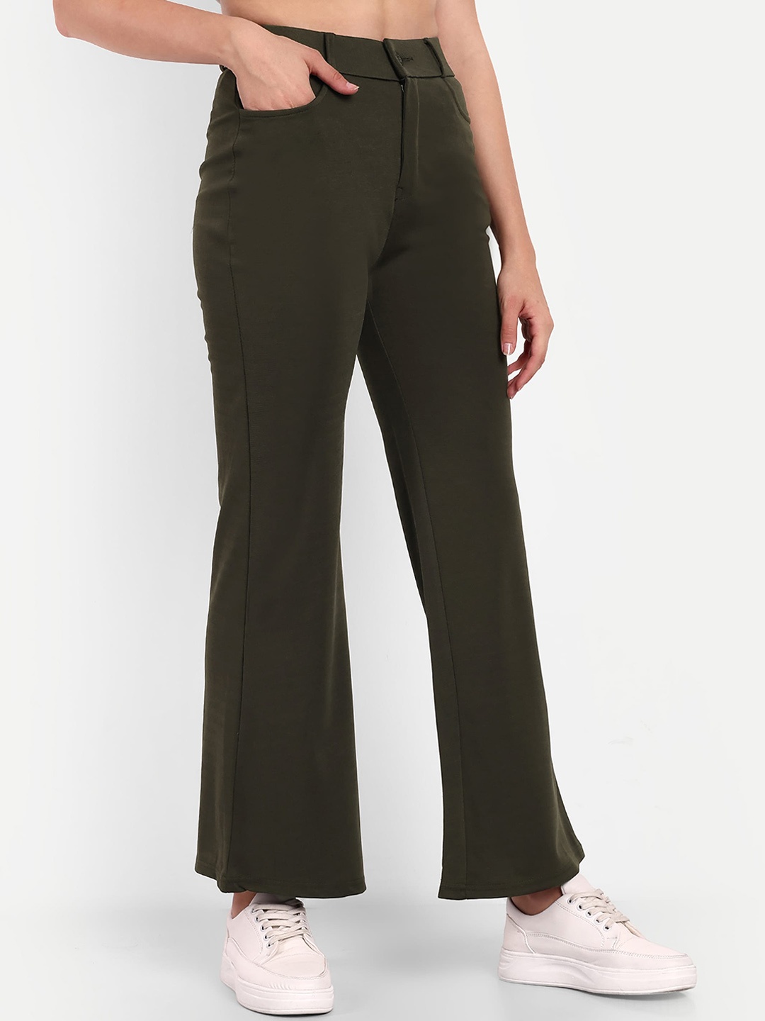 

Next One Women Smart Flared High-Rise Easy Wash Stretchable Bootcut Trousers, Olive