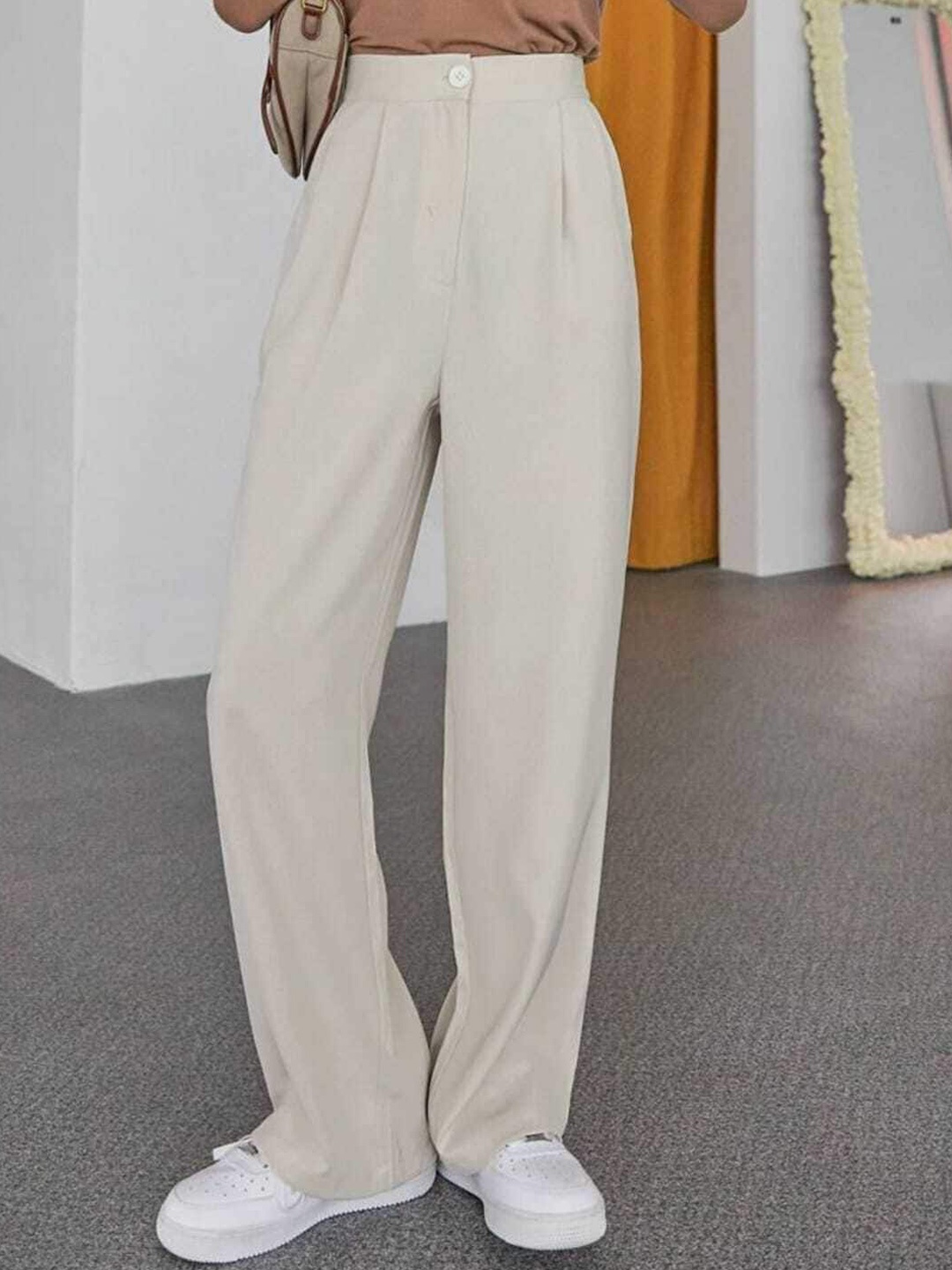 

Next One Women High-Rise Pleated Korean Trousers, Beige