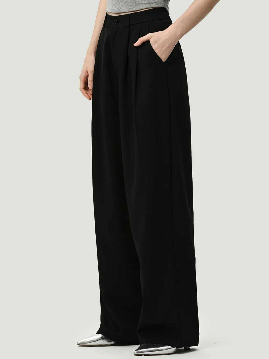 

Next One Women Smart Loose Fit High-Rise Easy Wash Pleated Parallel Trousers, Black