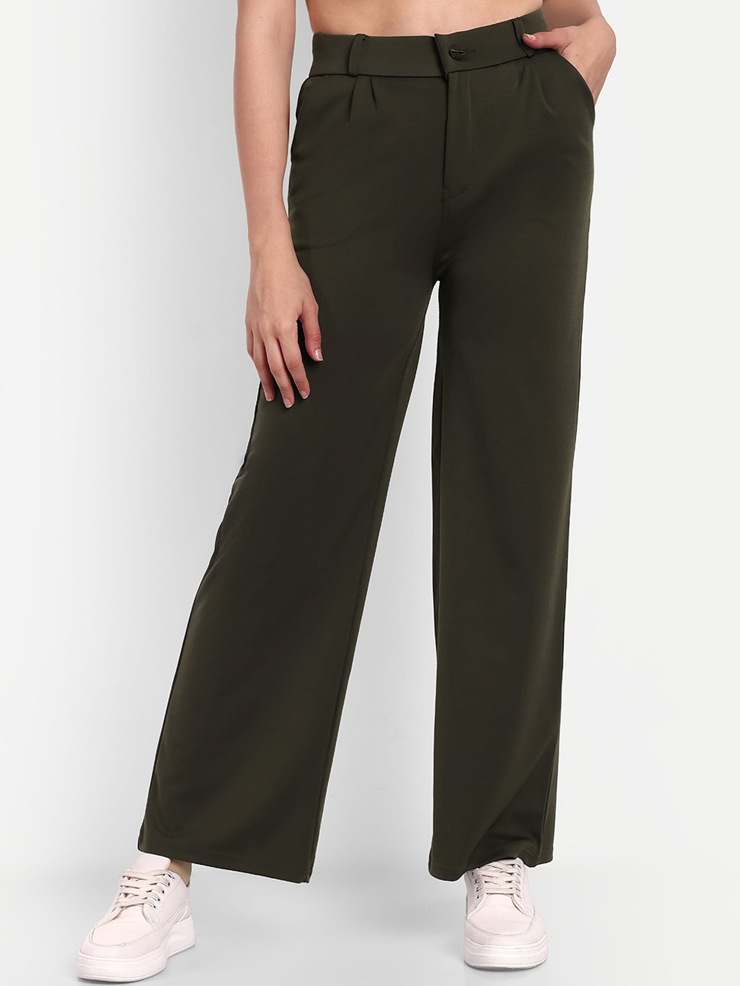 

Next One Women Smart Loose Fit Mid-Rise Easy Wash Parallel Trousers, Olive