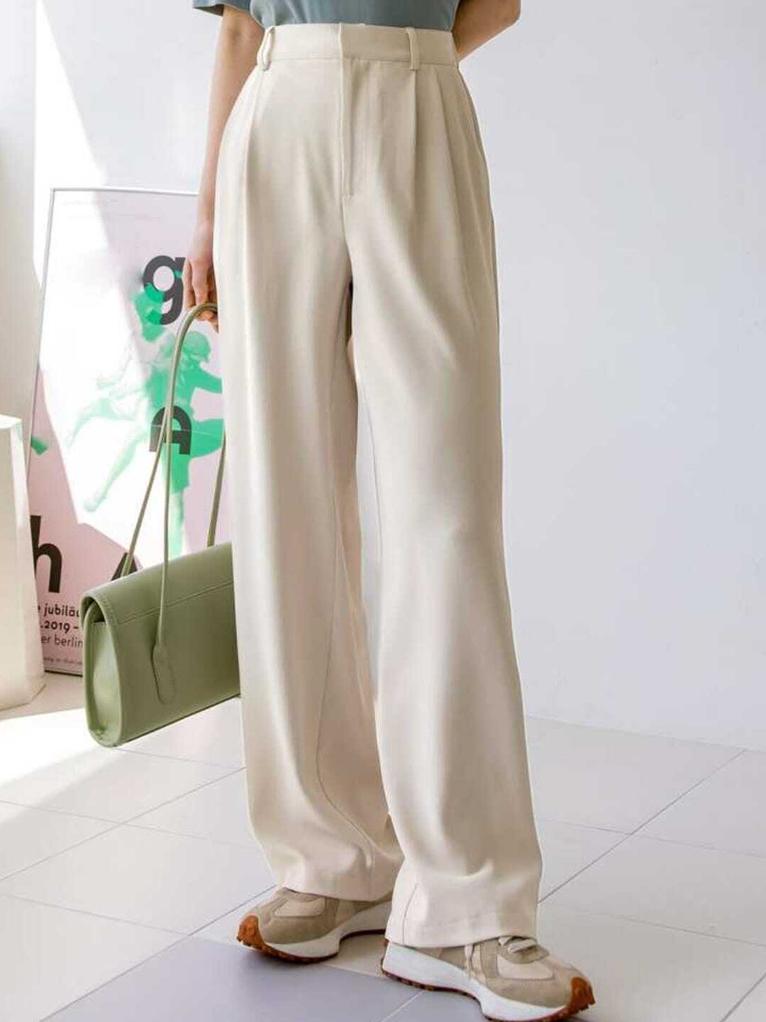 

Next One Women High-Rise Pleated Korean Trousers, Beige