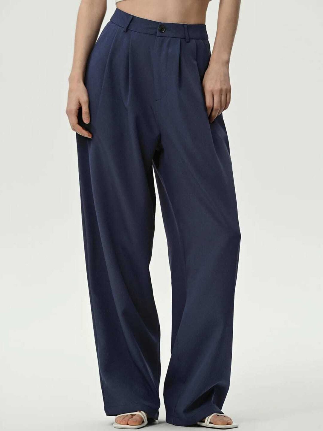 

Next One Women Smart Loose Fit High-Rise Easy Wash Pleated Trousers, Navy blue