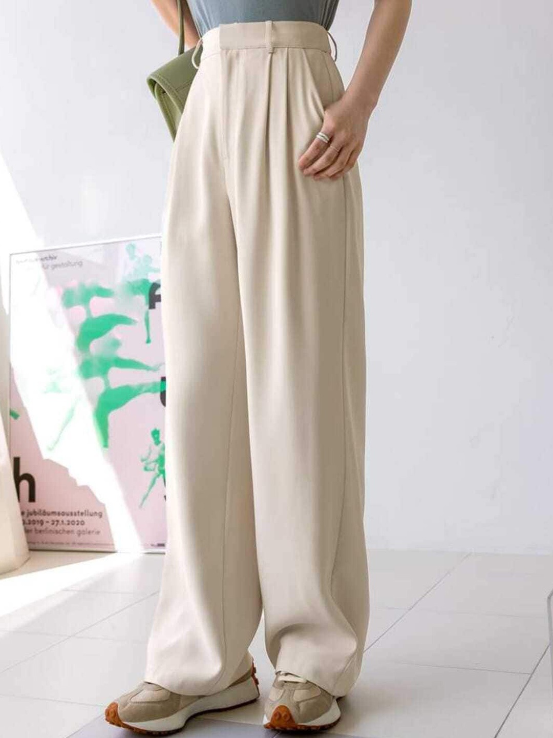 

Next One Women Smart Loose Fit High-Rise Easy Wash Parallel Trousers, Beige