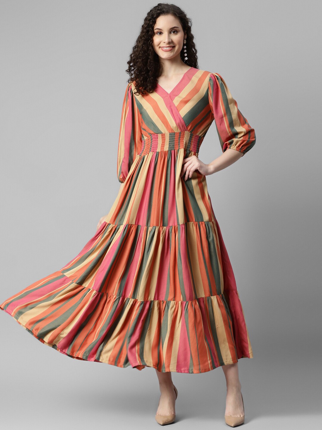 

DEEBACO Striped V-Neck Puff Sleeve Smocked Tiered Maxi Dress, Orange