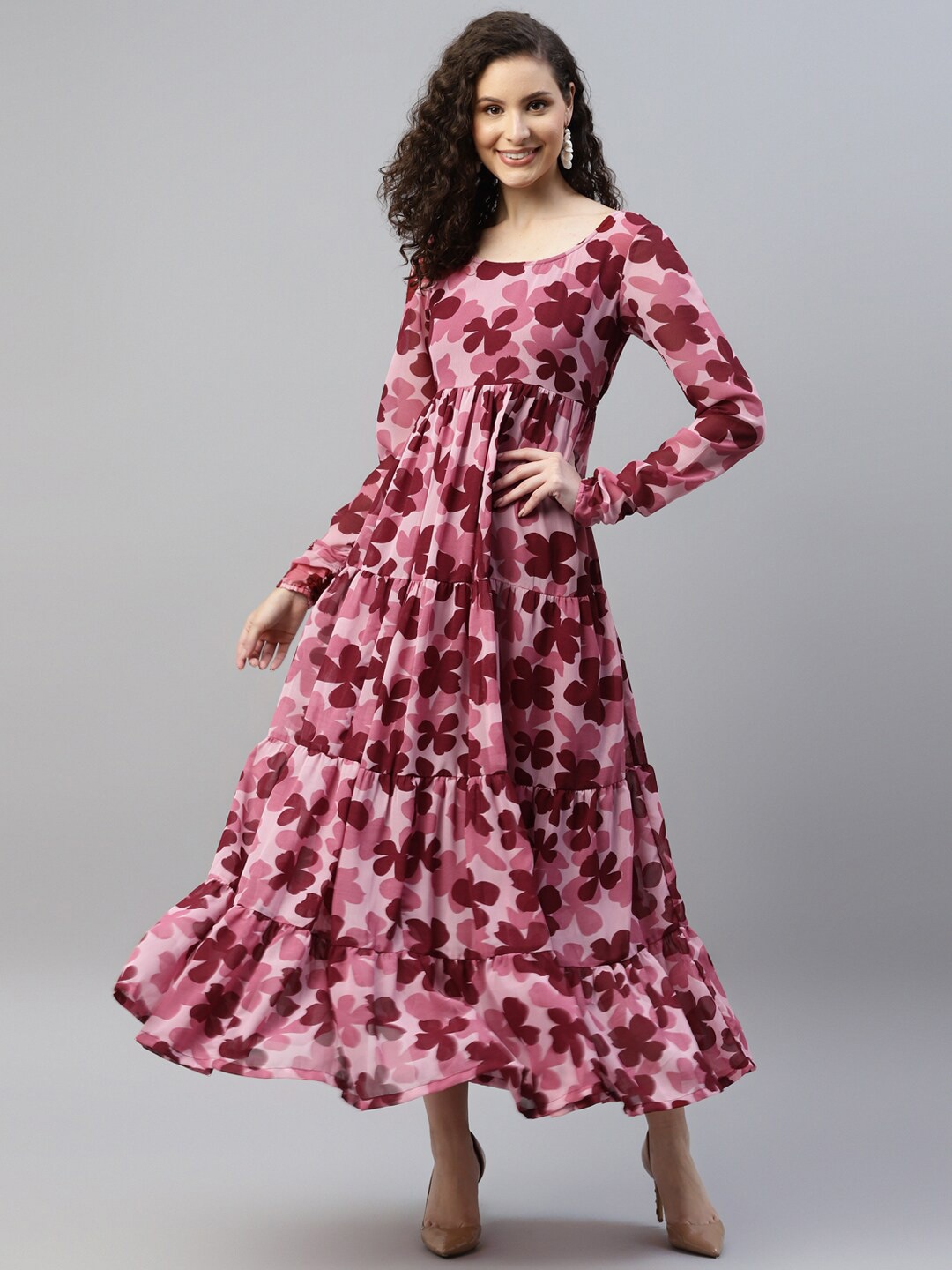 

DEEBACO Floral Printed Puffed Sleeves Georgette Maxi Tiered Dress, Pink