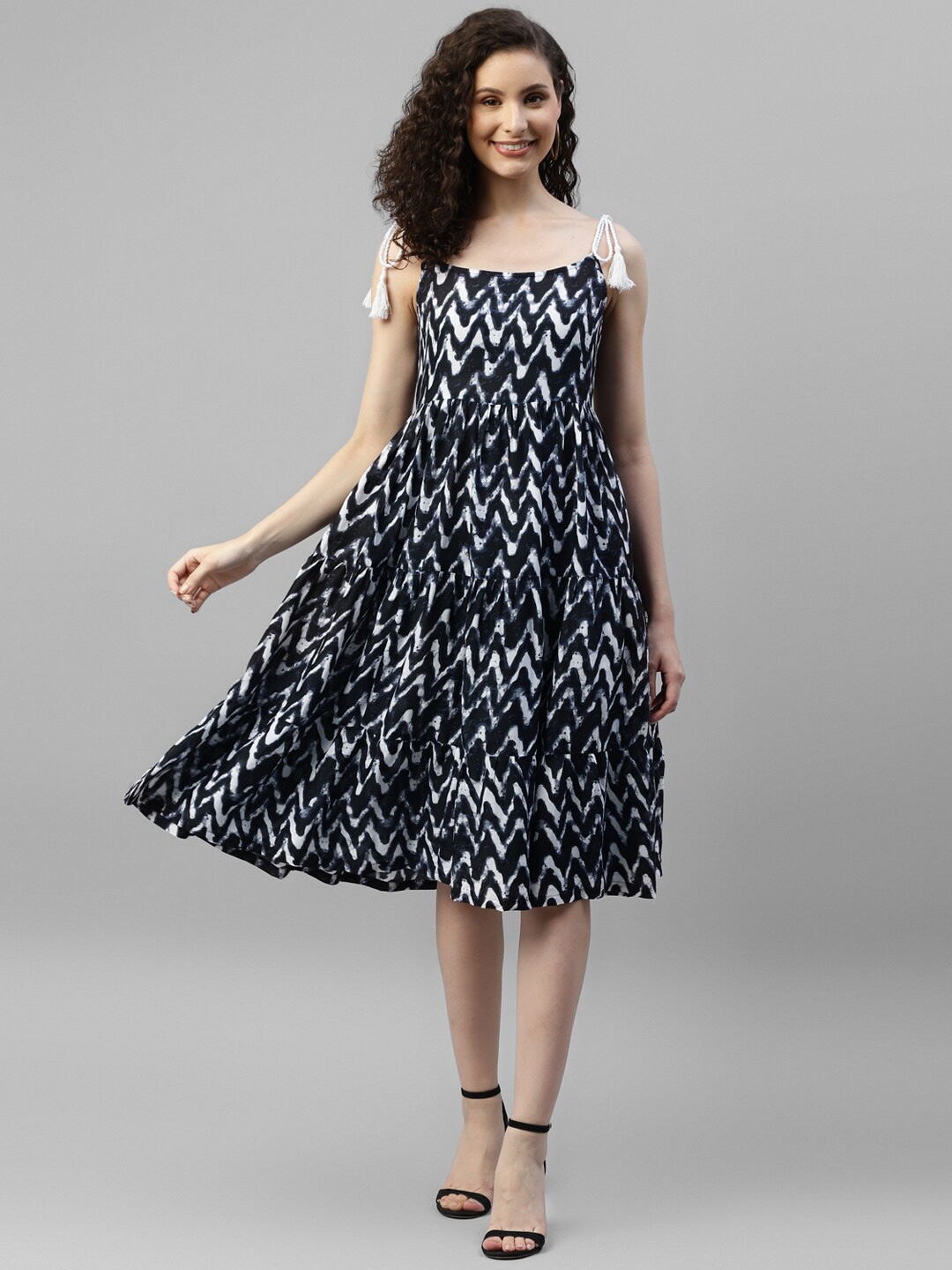 

DEEBACO Tie & Dye Dyed Shoulder Straps Tiered Fit & Flare Dress, Navy blue
