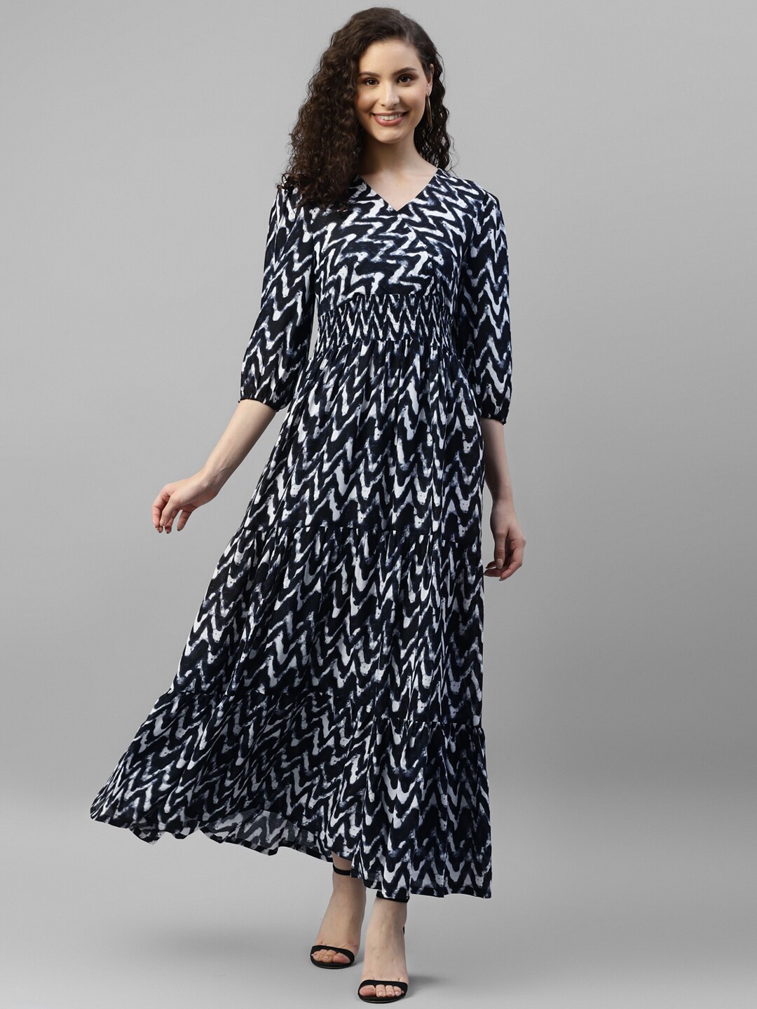 

DEEBACO Geometric Printed V-Neck Puff Sleeves Smocked Maxi Dress, Grey
