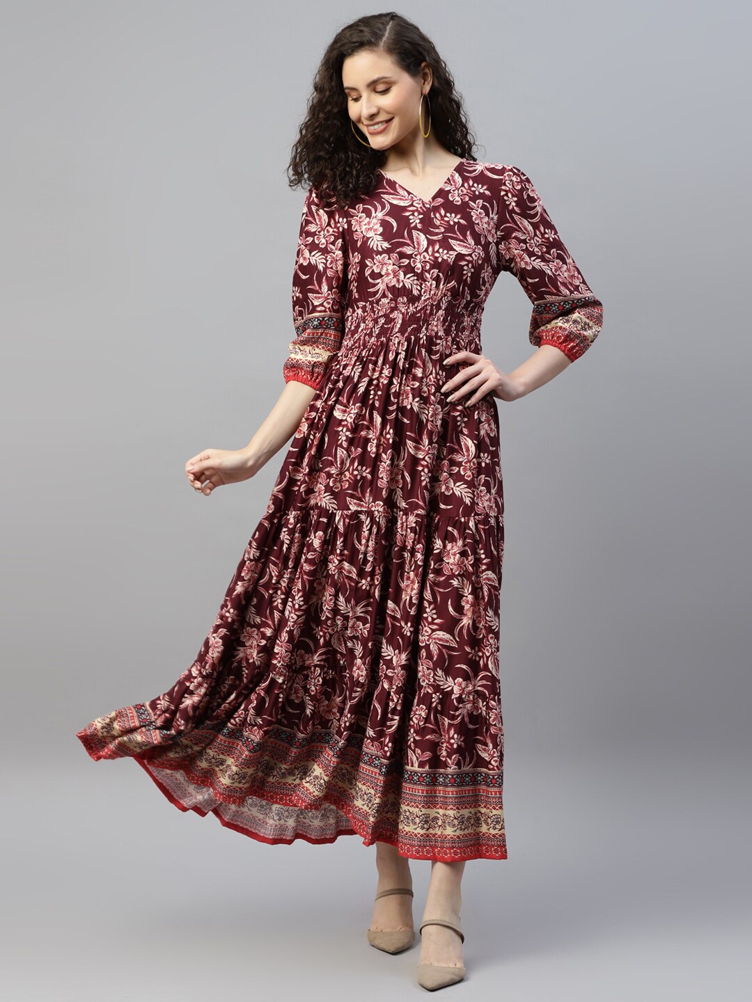 

DEEBACO Floral Printed Puffed Sleeves Smocked Maxi Dress, Maroon