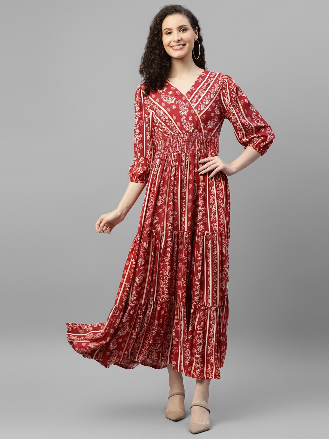 

DEEBACO Ethnic Motifs Printed V-Neck Puff Sleeve Smocked Tiered Maxi Dress, Maroon